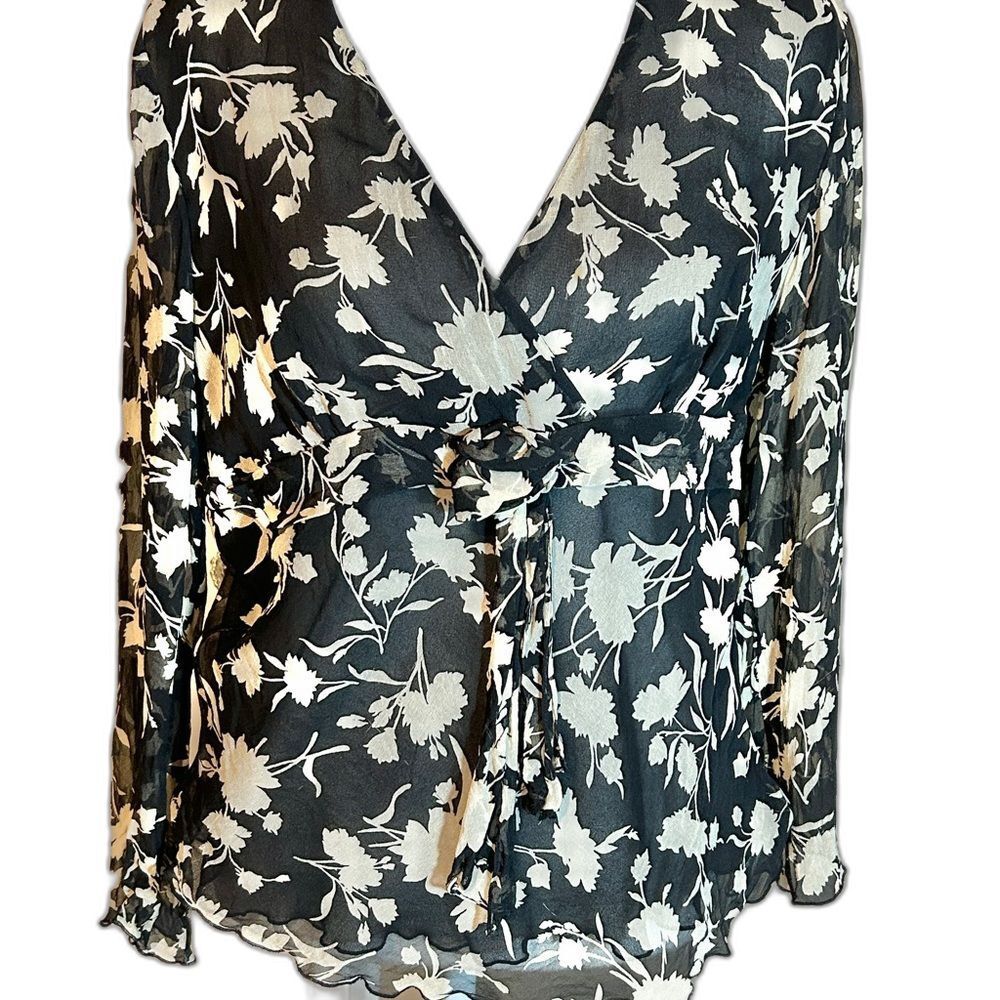 Anna & Frank Floral Sheer Layered Top Blouse Black White Medium M